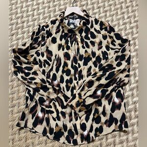NWT Grey Lab Long-Sleeved Blouse - Women's Large Tan Black Brown - Leopard Print
